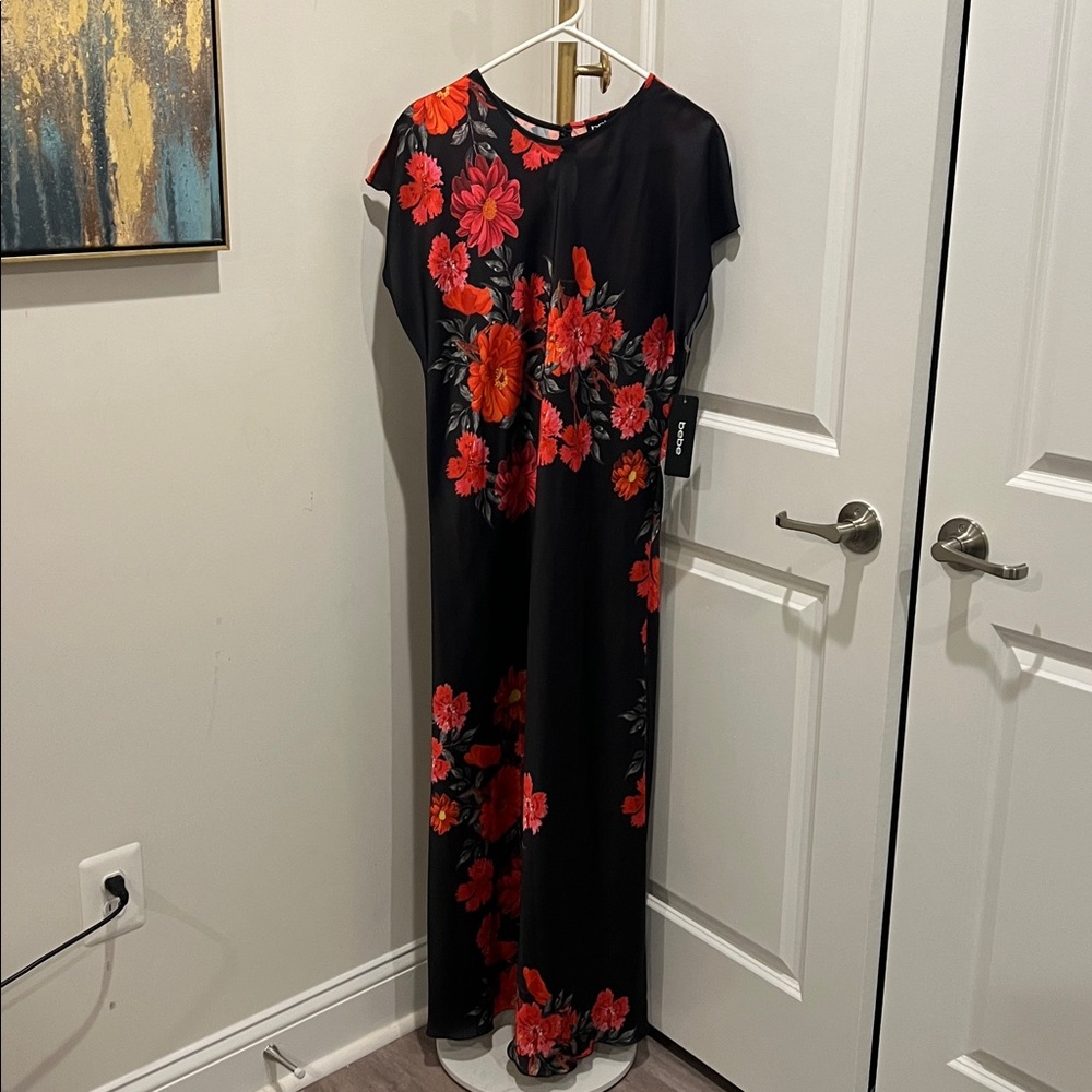 Bebe Floral Black and Red Maxi length Dress